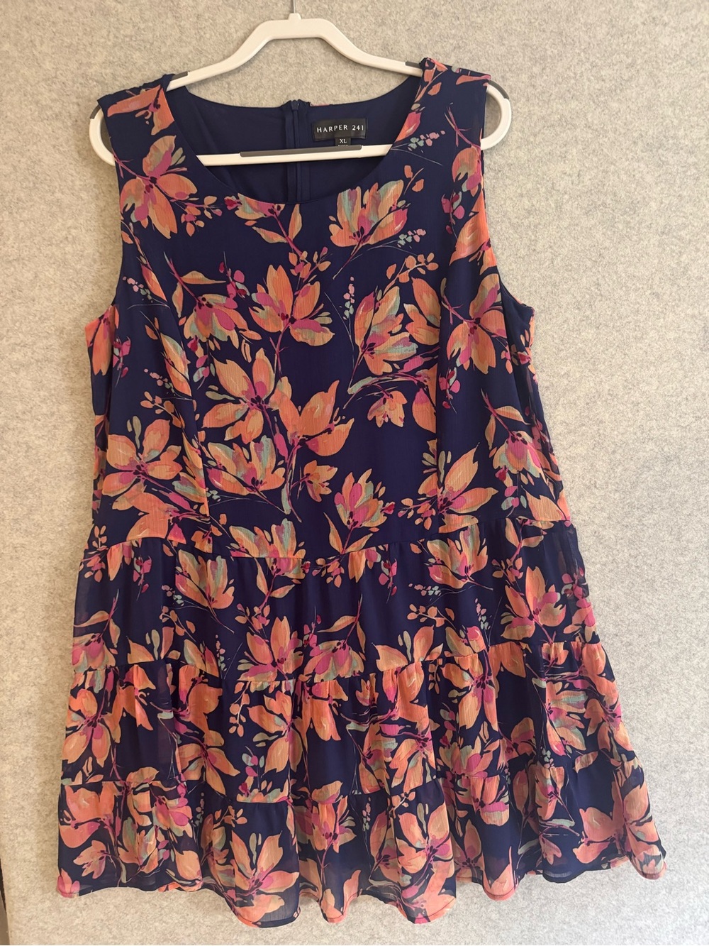 Harper 241 Navy Floral Sleeveless Tiered Mini Dress with Coral Accents